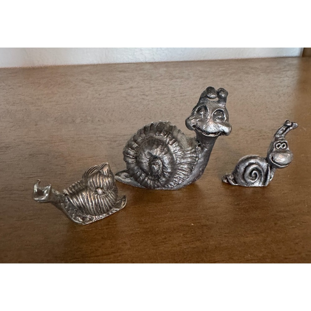 Vintage Pewter Snail Figurines Miniature Statues Collection of 3‎
